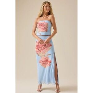 Altar'd State Blue Floral Mesh Maxi Skirt & Top Set Peony Print Set Size Medium